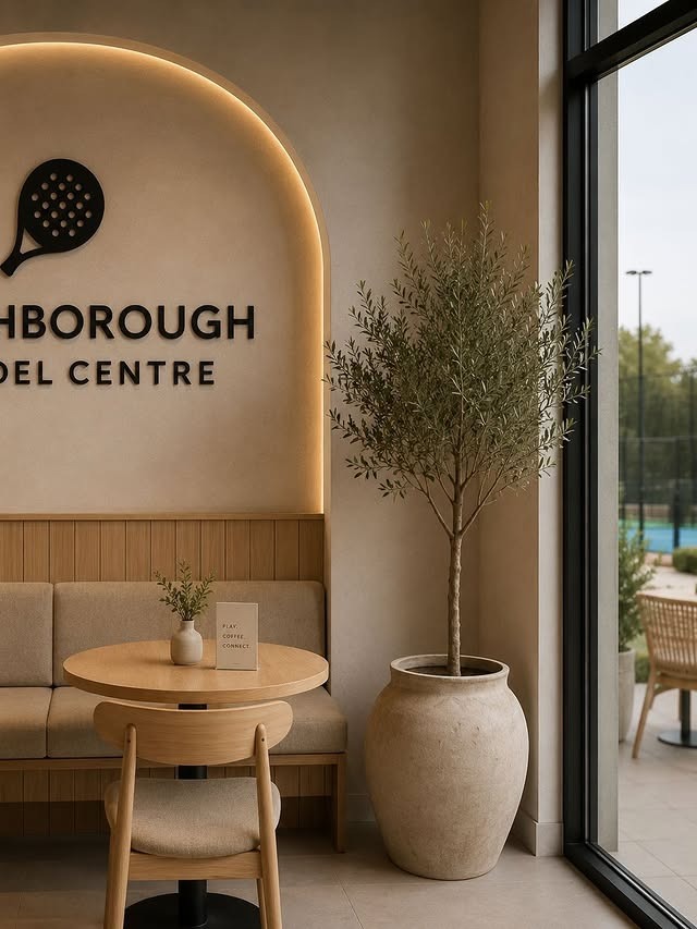 Warm café lounge inside Loughborough Padel Centre with an olive tree and courtside view
