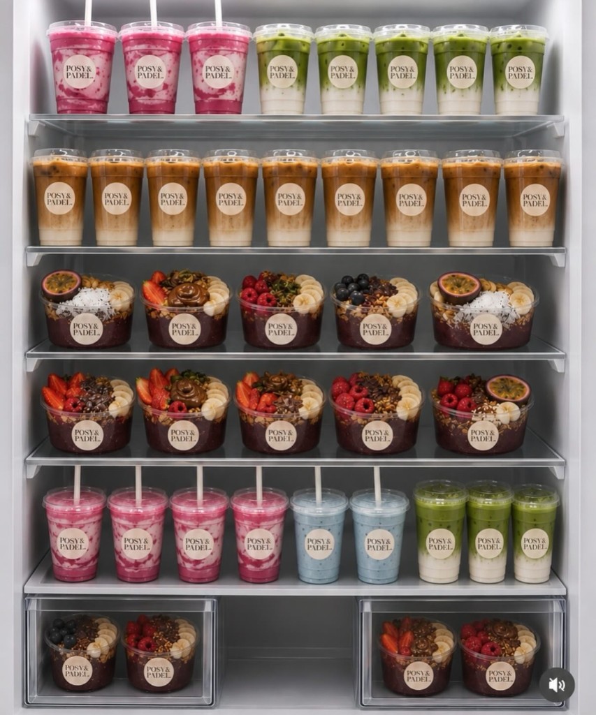 Posy and Padel drinks and acai bowls in the café fridge