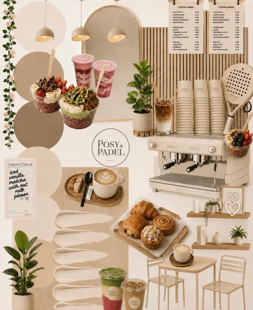 Posy and Padel café mood board with coffee, matcha and pastries